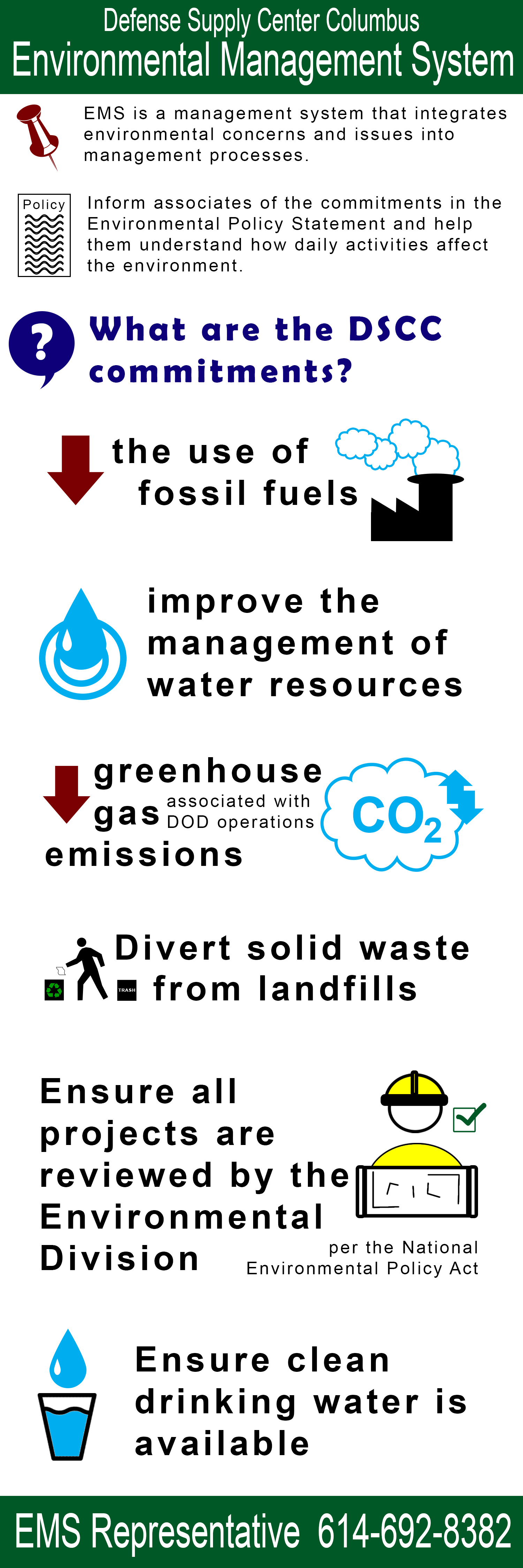 This is an infographic which explains what the DSCC environmental  commitments are. Decreasing use of fossil fuels, improve water management, reduce greenhouse gas emissions, divert waste from landfills, ensure all projects are reviewed by the environmental division and ensure clean  drinking water is available.  